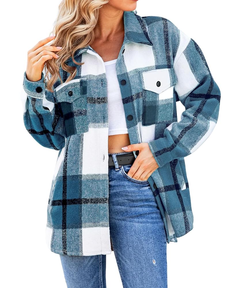 ジャケット・アウター Plaid Shacket Jacket For Women Button Amazon.com: Trendy Queen Womens Flannel Shacket Casual